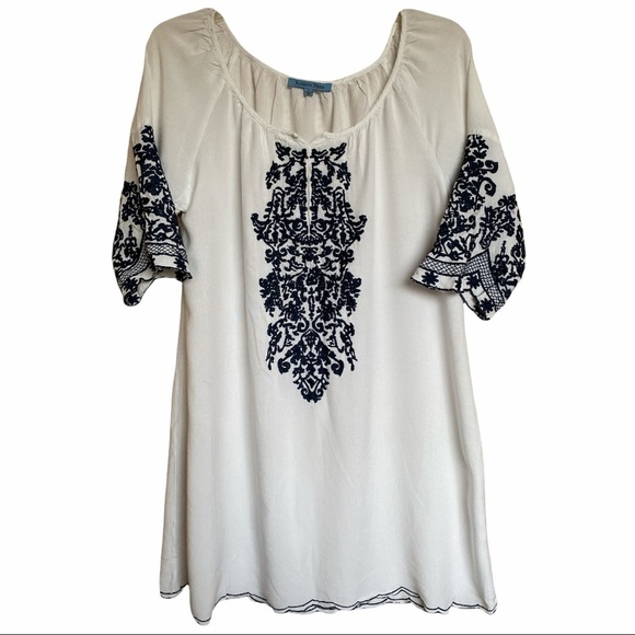 SOLITAIRE SWIM RAGLAN CREW NECK WHITE W. NAVY BLUE EMBROIDERY TUNIC/COVER‎ UP  L - Picture 3 of 9